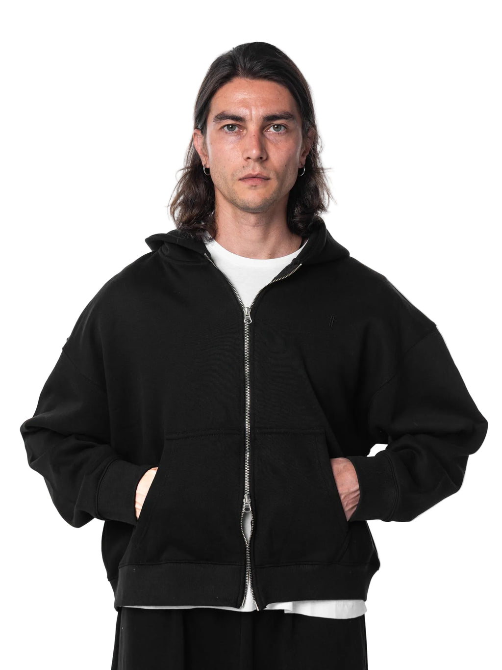 Man wearing a black hoodie on a white background